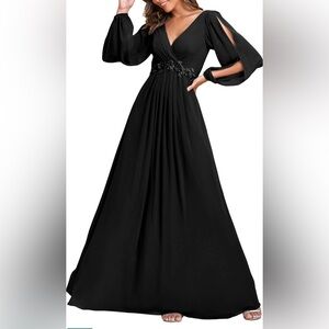 Women's V Neck Lantern Sleeves Floor Length Ruched Chiffon A-Line Evening Dress
